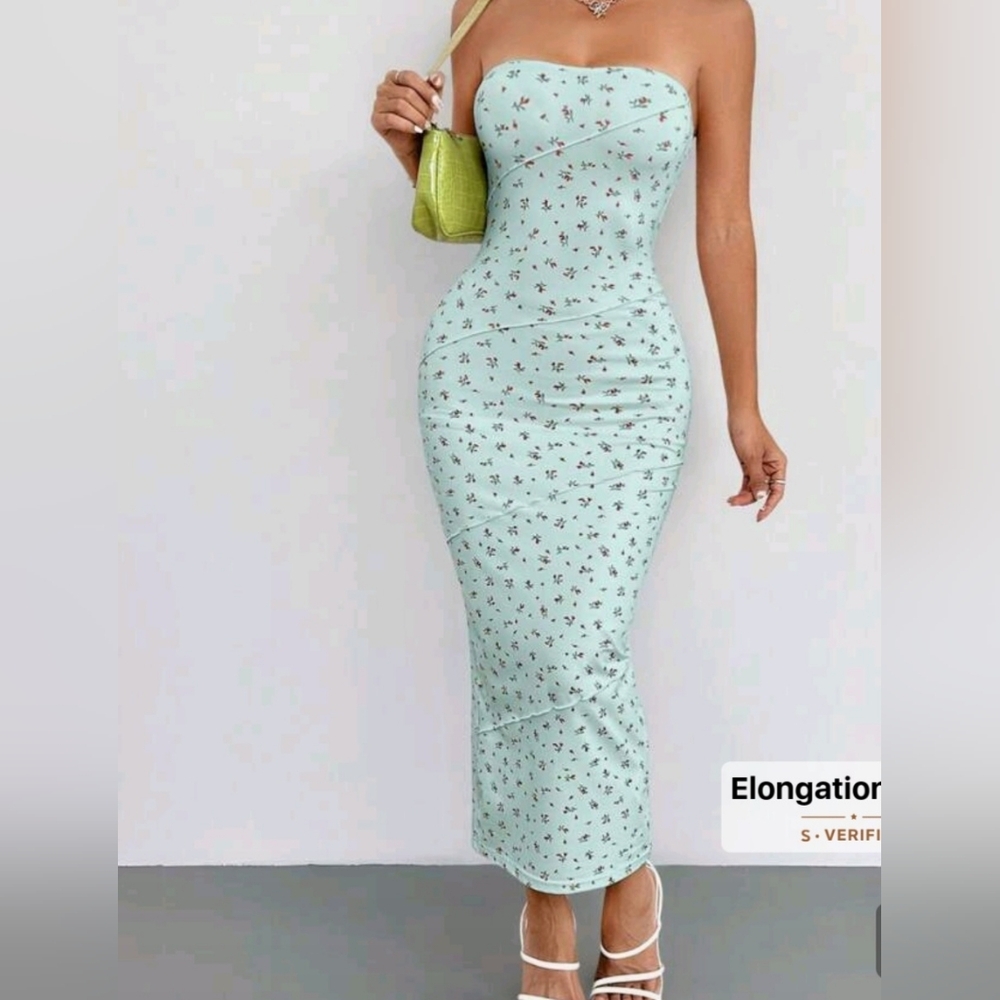SHEIN Light Blue Strapless Floral Midi Dress
